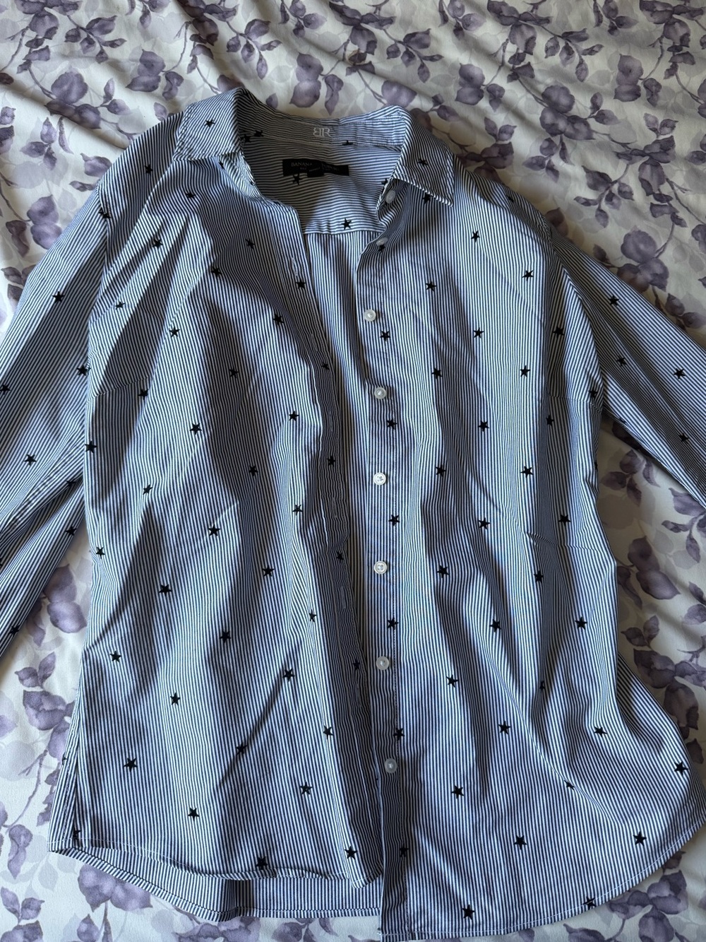 Banana Republic Blue and White Striped Button-Down with Black Star Print